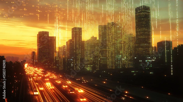 Fototapeta Futuristic Cityscape at Sunset with Data Stream Concept Visualization