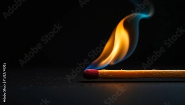 Fototapeta an intriguing visual metaphor. a match is seen in a close up, ignited and alight, with the flame casting a warm glow that contrasts with the cooler tones of the background