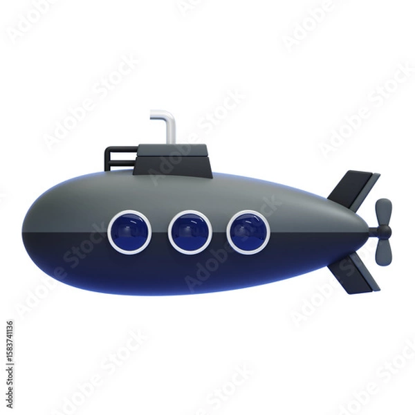 Fototapeta PNG 3D Submarine with Three Portholes Icon Isolated on a White Background