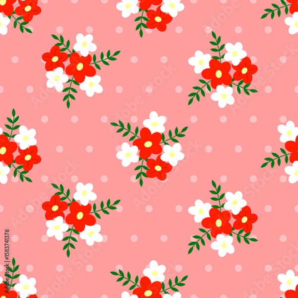 Fototapeta Seamless retro pattern of different compositions of flat flowers on a delicate pastel dotted background