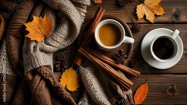 Fototapeta Capture the cosy autumn essence with a still life featuring coffee beans, cinnamon, and star anise, evoking natural wellness and aromatic spa indulgence