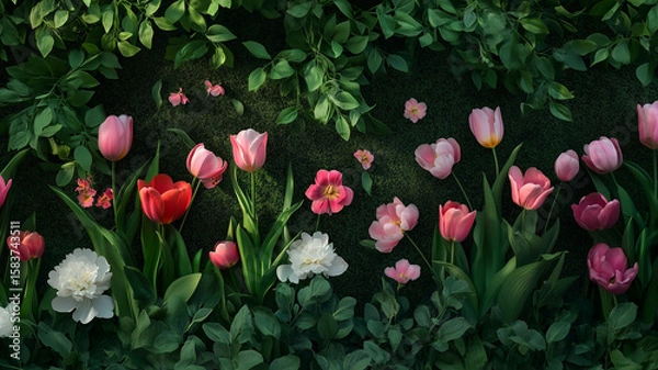 Obraz Artistic yet realistic photo of wallpaper texture featuring a lavish floral pattern with colorful tulips, full peonies, and dynamic green foliage over a deep shadowy background