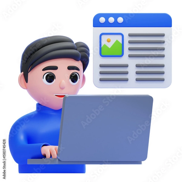 Fototapeta PNG 3D Blogger Working on Laptop with Website Content on Screen Illustration Isolated on a White Background