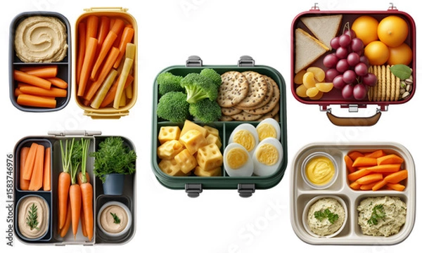 Obraz Colorful assortment of lunchboxes filled with healthy snacks like carrots, hummus, cheese, eggs, fruits, and crackers