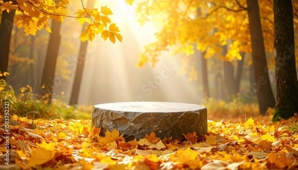 Fototapeta A rustic product display scene on a tree stump in a golden autumn forest with sunbeams. Generated image