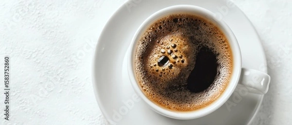 Fototapeta The steaming cup of rich black coffee on a minimalist tabletop.