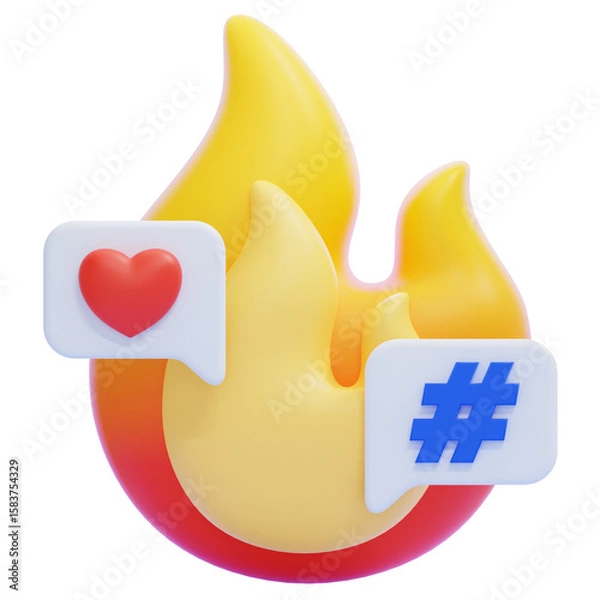 Fototapeta PNG 3D Trending Topic Flame with Heart and Hashtag Icon Isolated on a White Background