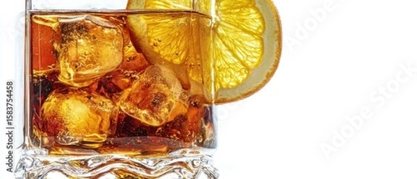Fototapeta The refreshing whiskey cocktail garnished with orange slices and ice cubes.