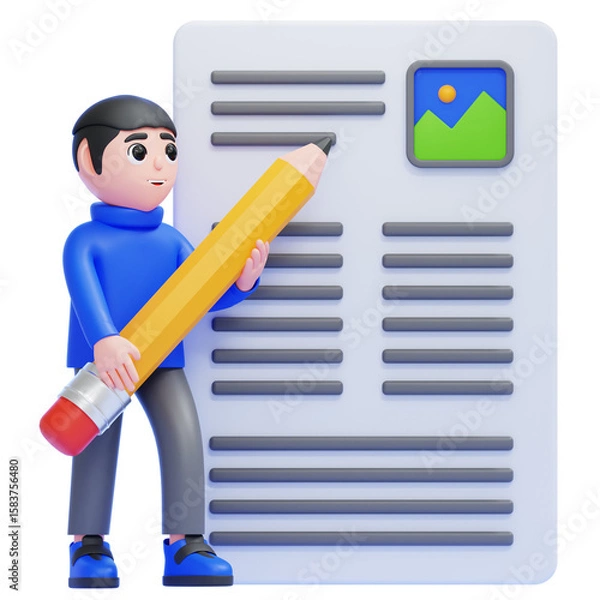 Fototapeta PNG 3D Writer with Large Pencil and Document Illustration Isolated on a White Background