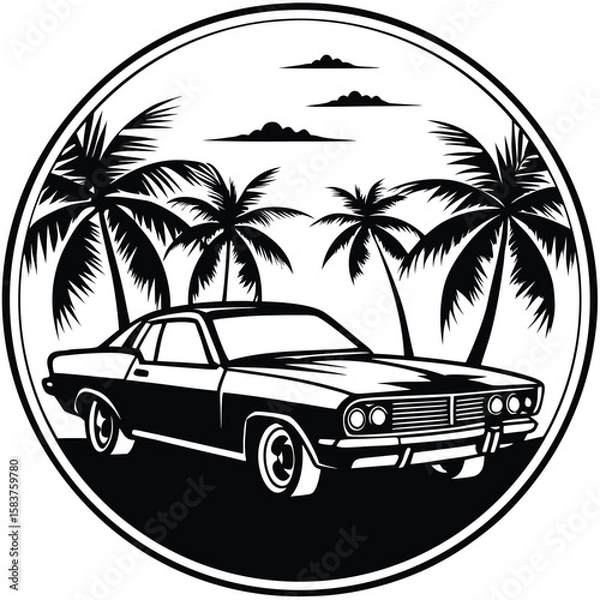 Fototapeta Vector art of classic car with palm trees on a tropical beach