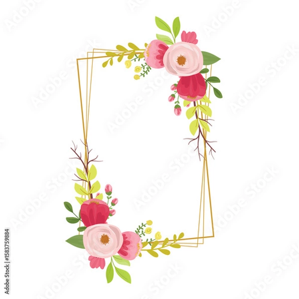 Obraz Elegant Burgundy Rose and Gold Frame with Wildflowers and Decorative Foliage