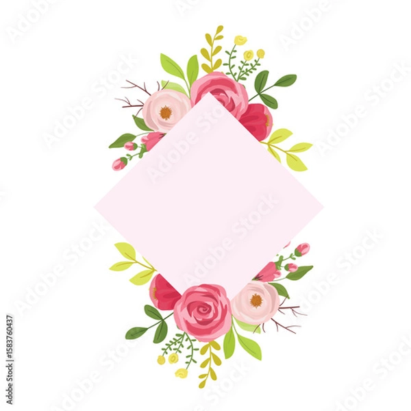 Obraz Maroon Red Rose Floral Frame with Green Leaves and Delicate Wildflowers