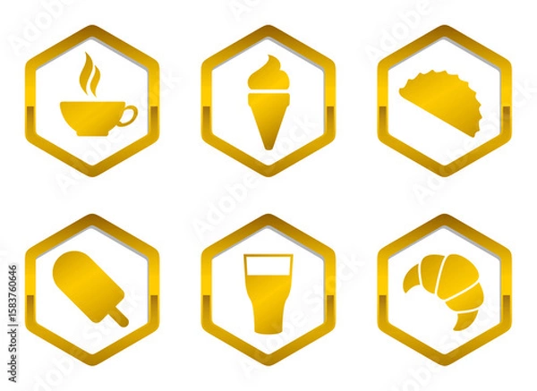 Fototapeta Set hexagon shape gold food and beverages icon. Vector stock illustration