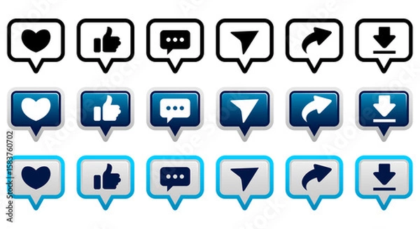 Fototapeta bubble speech shape Thumb up, share, like, comment, heart, repost icons, download, isolated, vector social media icons. Buttons of social notification. Vector illustration stock illustration
