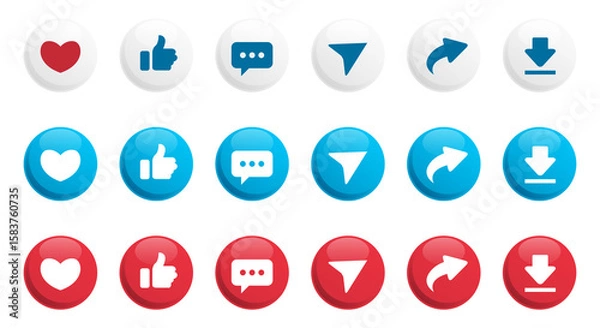 Fototapeta Circle shape solid Thumb up, share, like, comment, heart, repost icons, download, isolated, vector social media icons. Buttons of social notification. Vector illustration stock illustration