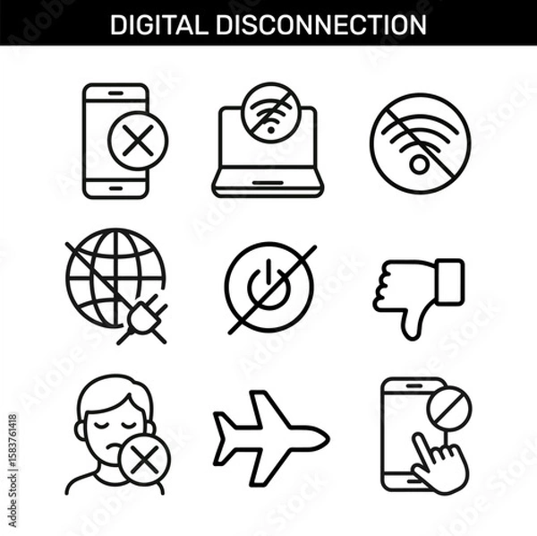 Fototapeta Set of digital disconnection outline icons with no wifi, airplane mode, offline globe, power off, blocked smartphone, and stop communication symbol