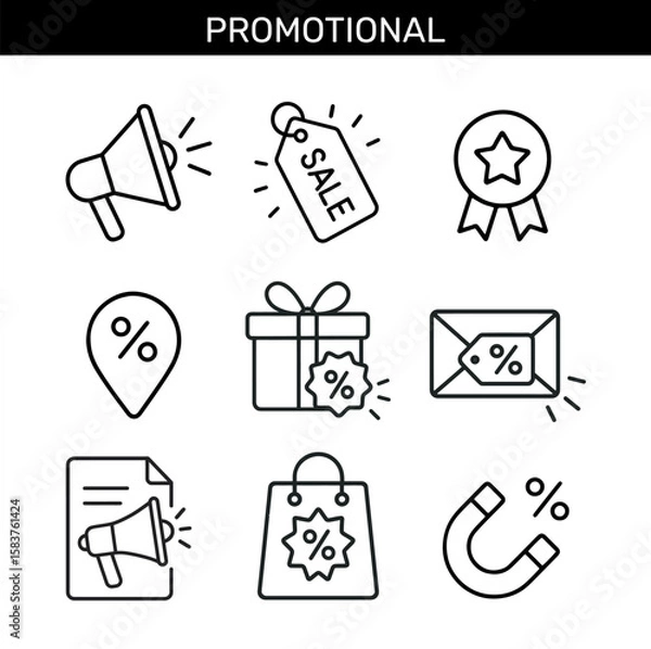 Fototapeta Set of promotional outline icons with sale tag, megaphone, discount gift box, email offer, shopping bag, and percentage symbol