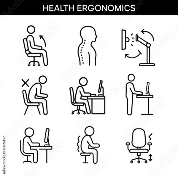 Fototapeta Set of health ergonomics outline icons with proper sitting posture, adjustable monitor, spine health, standing desk, office chair, and ergonomic workspace