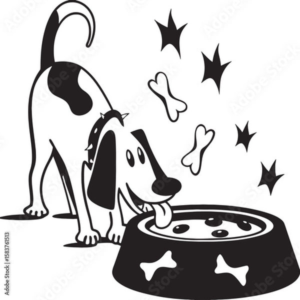 Fototapeta Black and white illustration of a happy dog eating from a bowl with bones and stars vector