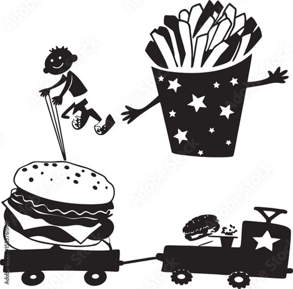 Fototapeta Black and white illustration of cartoon characters with fast food a boy on a scooter french fries in a star container and a burger in a wagon