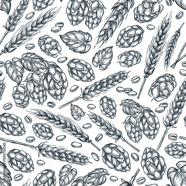 Fototapeta Beer seamless pattern. Vector sketch illustration of hop, malt. Brewing ingredient design for packaging, print or menu