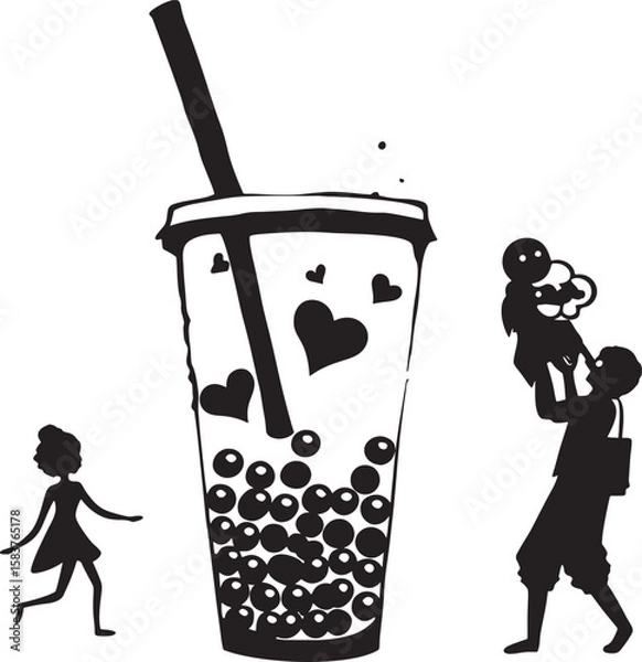 Fototapeta Giant Boba Tea Cup with Hearts Silhouettes of People Running and Drinking vector