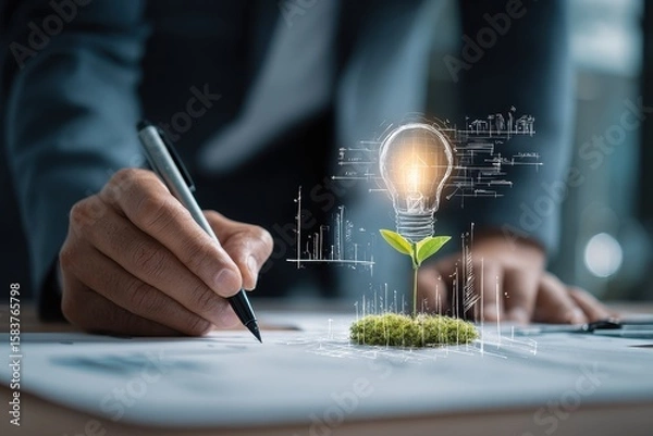 Fototapeta Businessman developing marketing strategies and financial plans while integrating innovative ideas and sustainable practices in the office