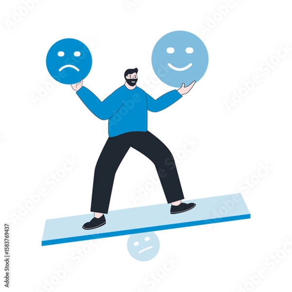 Fototapeta mindful calm man using her hand to balance smile and sad face. Emotional intelligence, balance emotion control  concept.