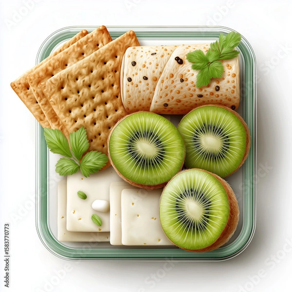 Obraz Healthy snack plate with kiwi, cheese, crackers, and herbs
