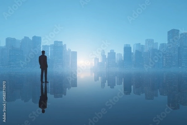 Fototapeta Businessman contemplates future while observing a misty city skyline at dawn with buildings reflecting in calm water