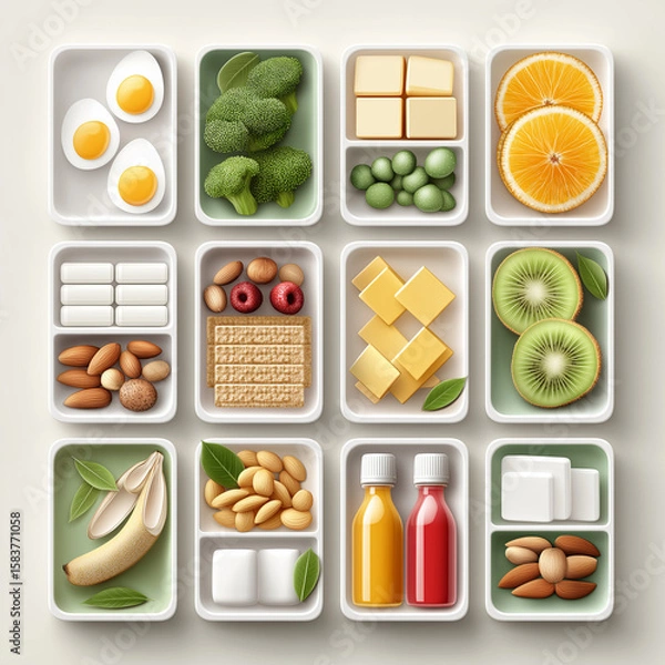 Obraz Assortment of healthy snacks in boxes: eggs, broccoli, oranges, nuts, and juices