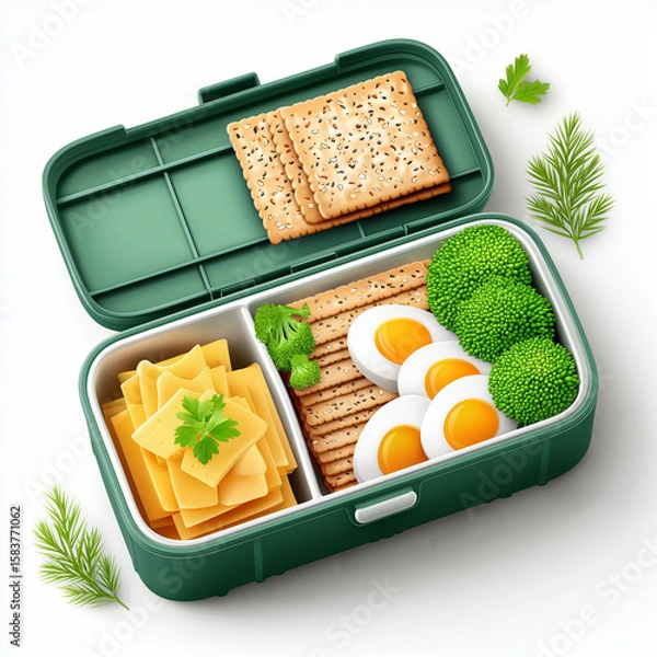 Obraz Healthy lunchbox with cheese, crackers, eggs, and broccoli for balanced diet