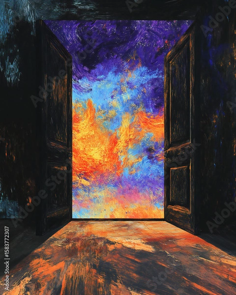 Fototapeta Open Doorway to Abstract Sunset: Hope, Opportunity and New Beginnings
