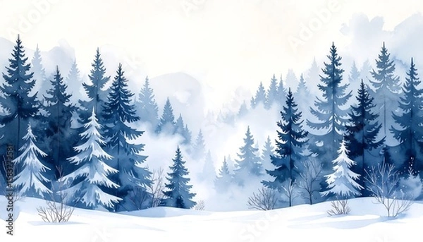 Fototapeta Winter forest landscape, misty blue pines