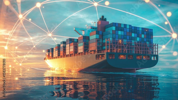 Fototapeta Smart shipping and logistics concept: An aerial shot of a fully loaded container ship at sea during sunset. The ship is enveloped in a glowing plexus network of blue and orange data points, representi