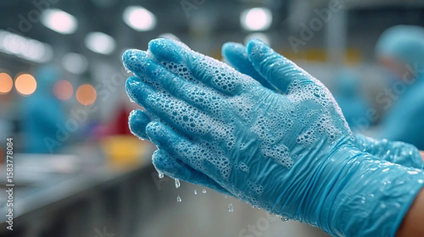 Fototapeta Washing hands with soap and water using blue protective gloves in clean environment for hygiene safety