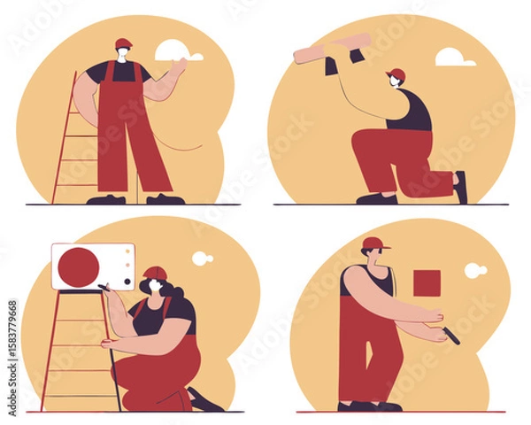 Fototapeta Professional repair and installation crew performing various tasks vector illustration, featuring skilled workers and maintenance services