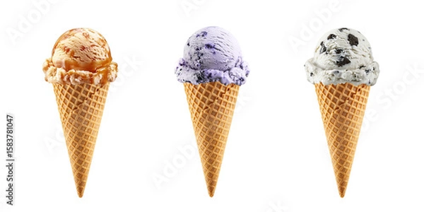 Fototapeta Colorful vibrant waffle cone ice cream transparent PNG cutout set bundle, isolated background. Caramel swirl, blueberry, cookies and cream flavor cue, cold sweet scoop summer treat