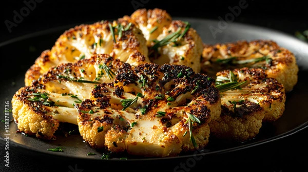 Obraz Artfully arranged roasted cauliflower steaks with caramelized edges and fresh herbs on dark plate
