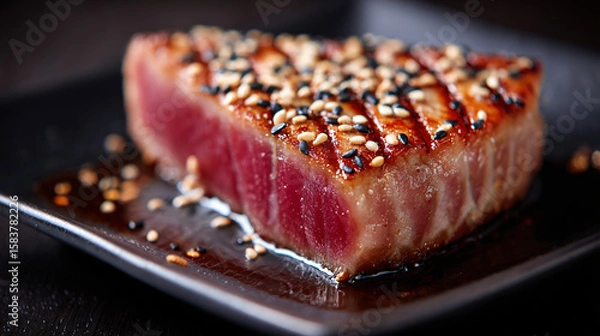 Obraz Thick seared tuna tataki steak with golden crust and sesame seeds on dark plate