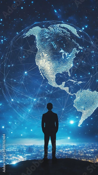 Fototapeta Global Business Network: Man contemplating the World's Connectivity