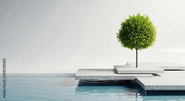 Fototapeta Elegant Green Sapling on Geometric Stone Above Calm Water in a Soft Studio Environment