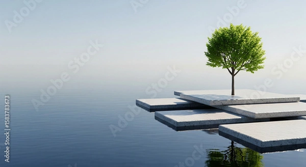 Fototapeta Elegant Green Sapling on Geometric Stone Above Calm Water in a Soft Studio Environment
