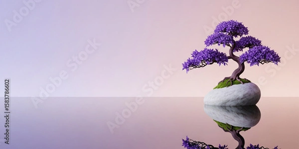 Fototapeta Violet Bonsai Reflected in Still Water with Soft Blush and Lavender Background