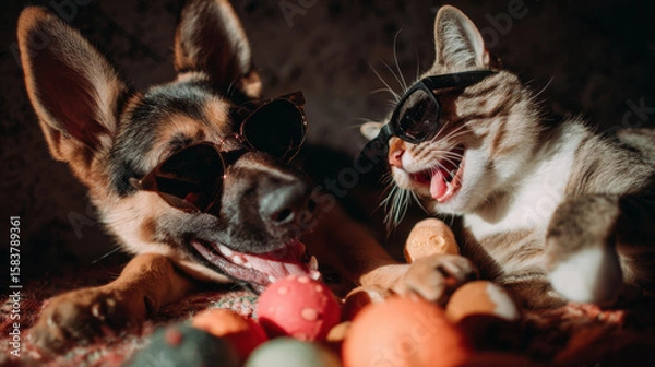 Obraz capture humorous habits of dogs and cats in playful and lively setting showcasing their quirky behavior