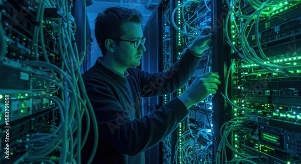 Fototapeta It technician meticulously works with glowing green server racks and complex network cables in a data center