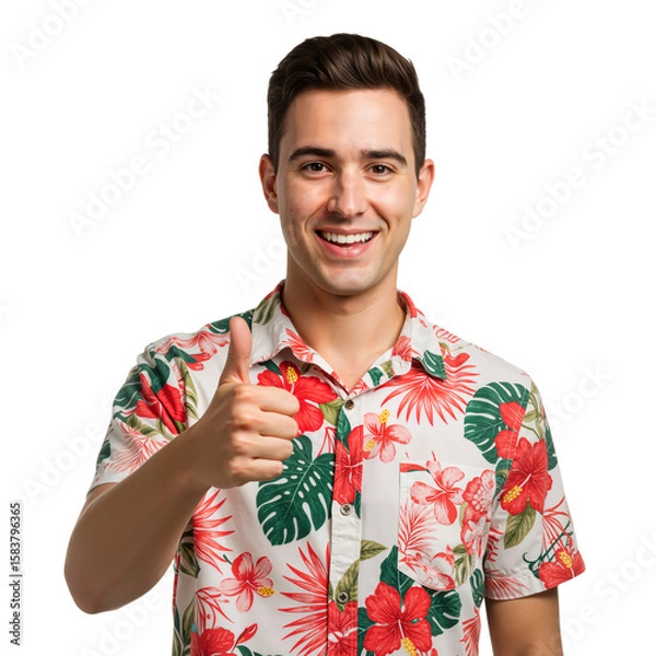 Fototapeta Happy Tourist in Floral Shirt Showing Approval –Isolated on Transparent Background PNG.