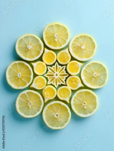 Fototapeta Lemon Wedges Arranged in a Mandala Design on a Light Blue Surface With Open Space at the Top Margin