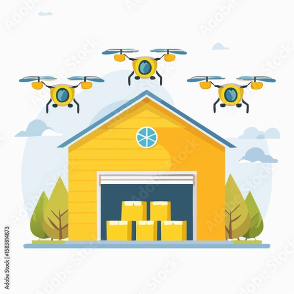 Obraz Automated warehouse shows worker drones transporting packages in daytime