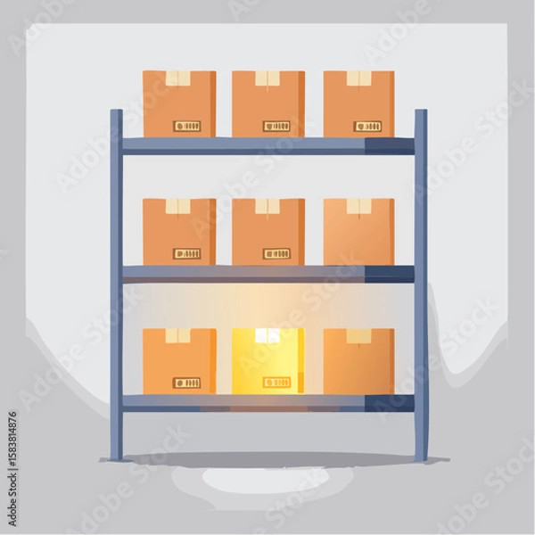 Obraz Glowing box on a Warehouse shelf Stands Out among the Others